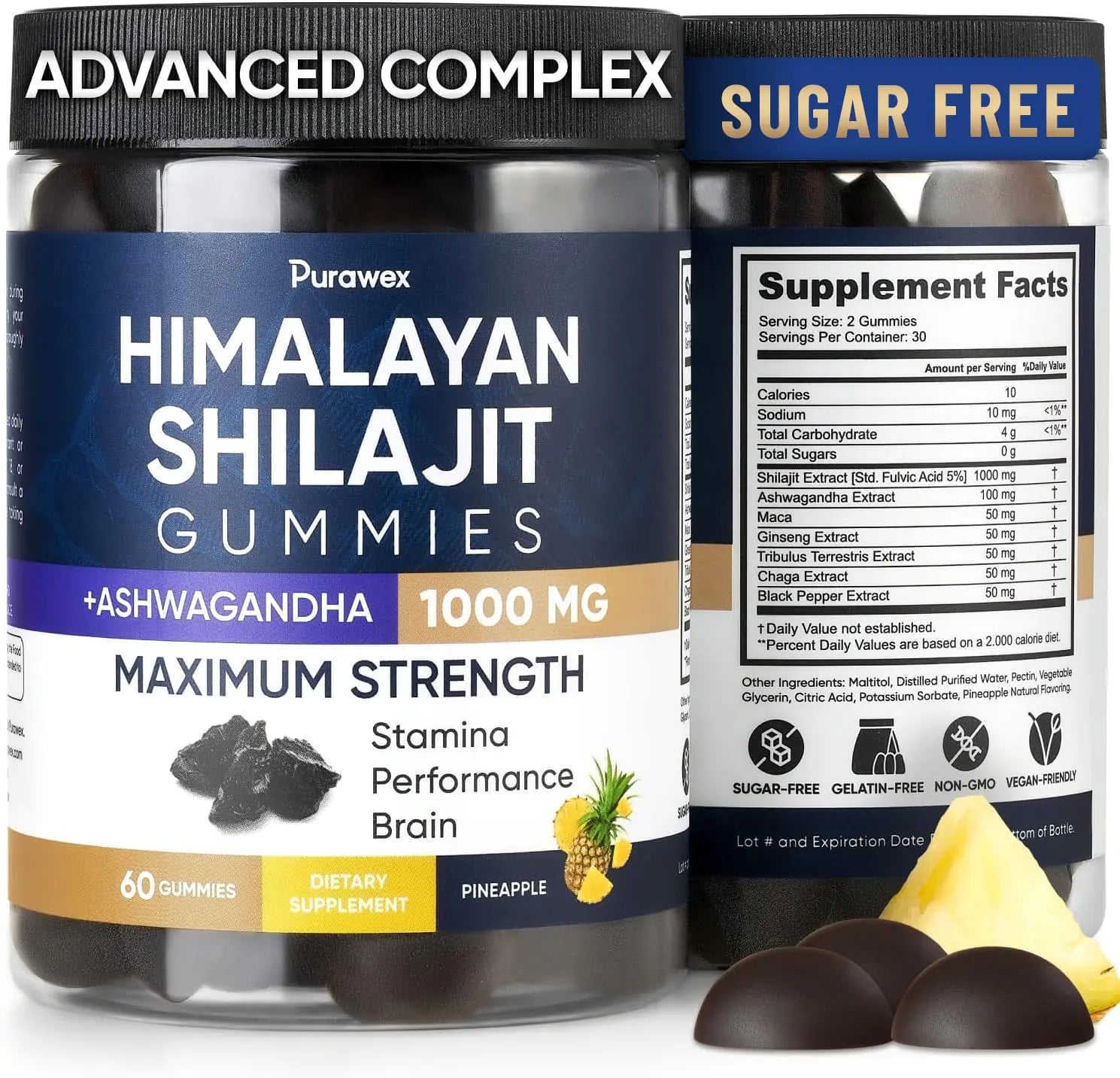 Shilajit Gummies 1000mg with Ashwagandha – Energy & Immunity Support for Men & Women – Sugar-Free, Vegan, Pineapple Flavor – 30-Day Supply (60 Gummies)