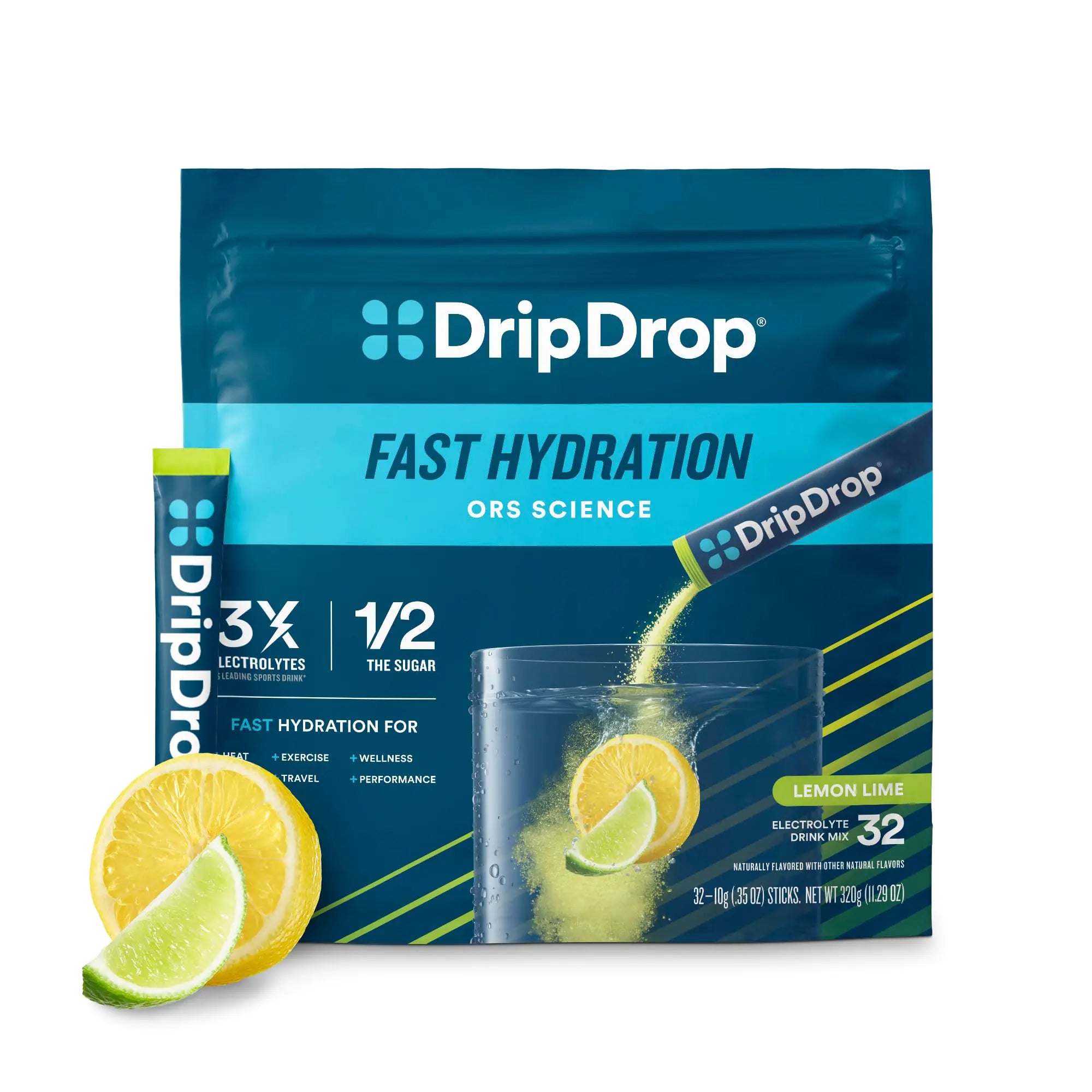 DripDrop Electrolyte Hydration Powder Sticks – Lemon Lime (32 Single‑Serve Packs), Non‑GMO, Gluten‑Free & Vegan Rapid Rehydration Mix