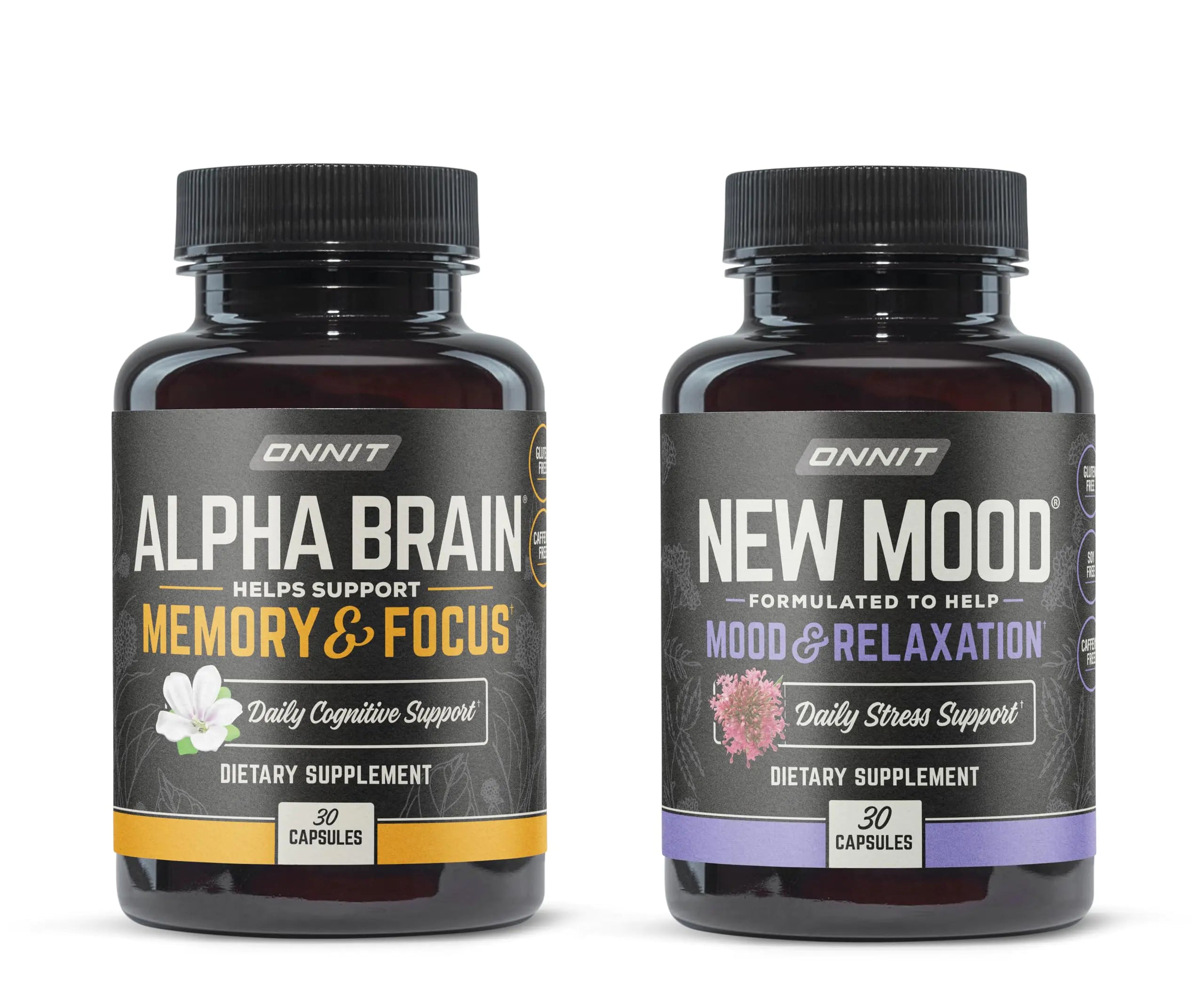 ONNIT Alpha Brain + New Mood Bundle – Focus, Memory & Mood Support – Nootropic Brain Supplement + Stress Relief & Sleep Aid – 30ct Each