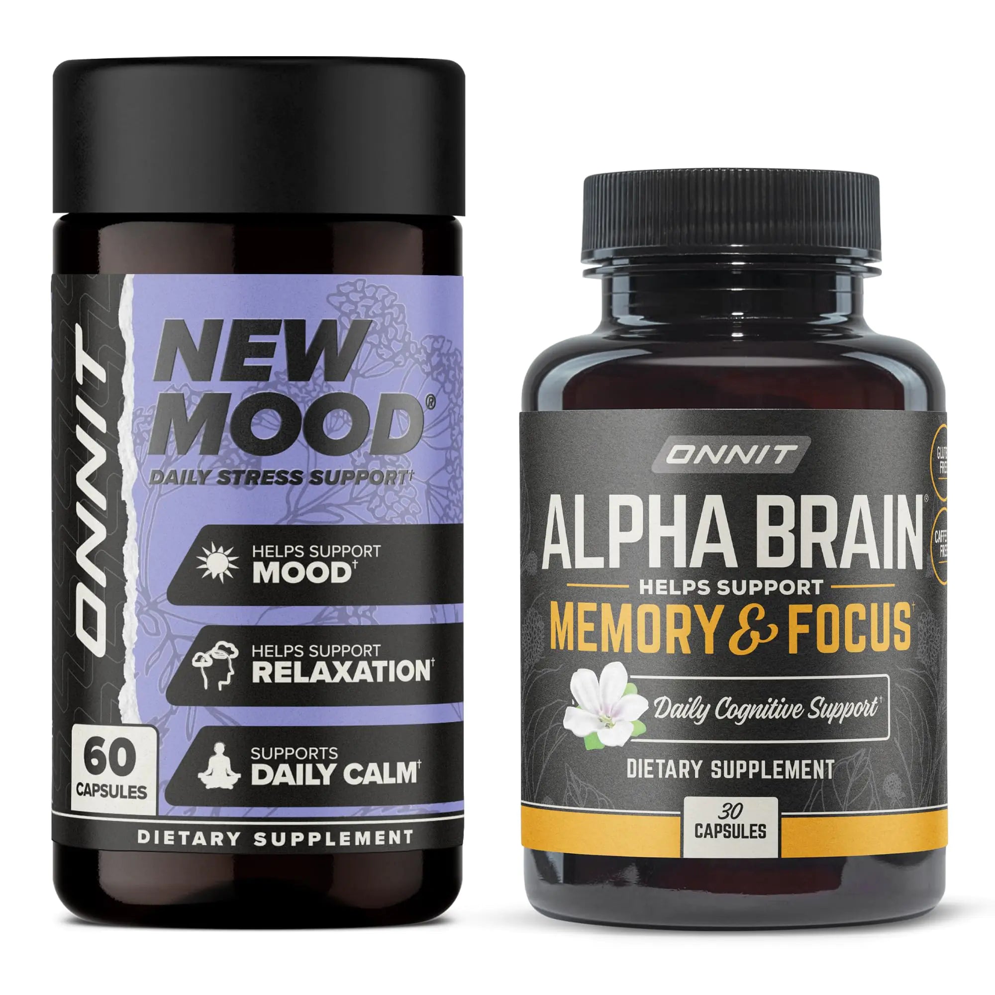 ONNIT Premium Alpha Brain & New Mood Bundle – Nootropic Focus & Memory Support + Stress Relief, Sleep & Mood Supplement – 30ct + 60ct