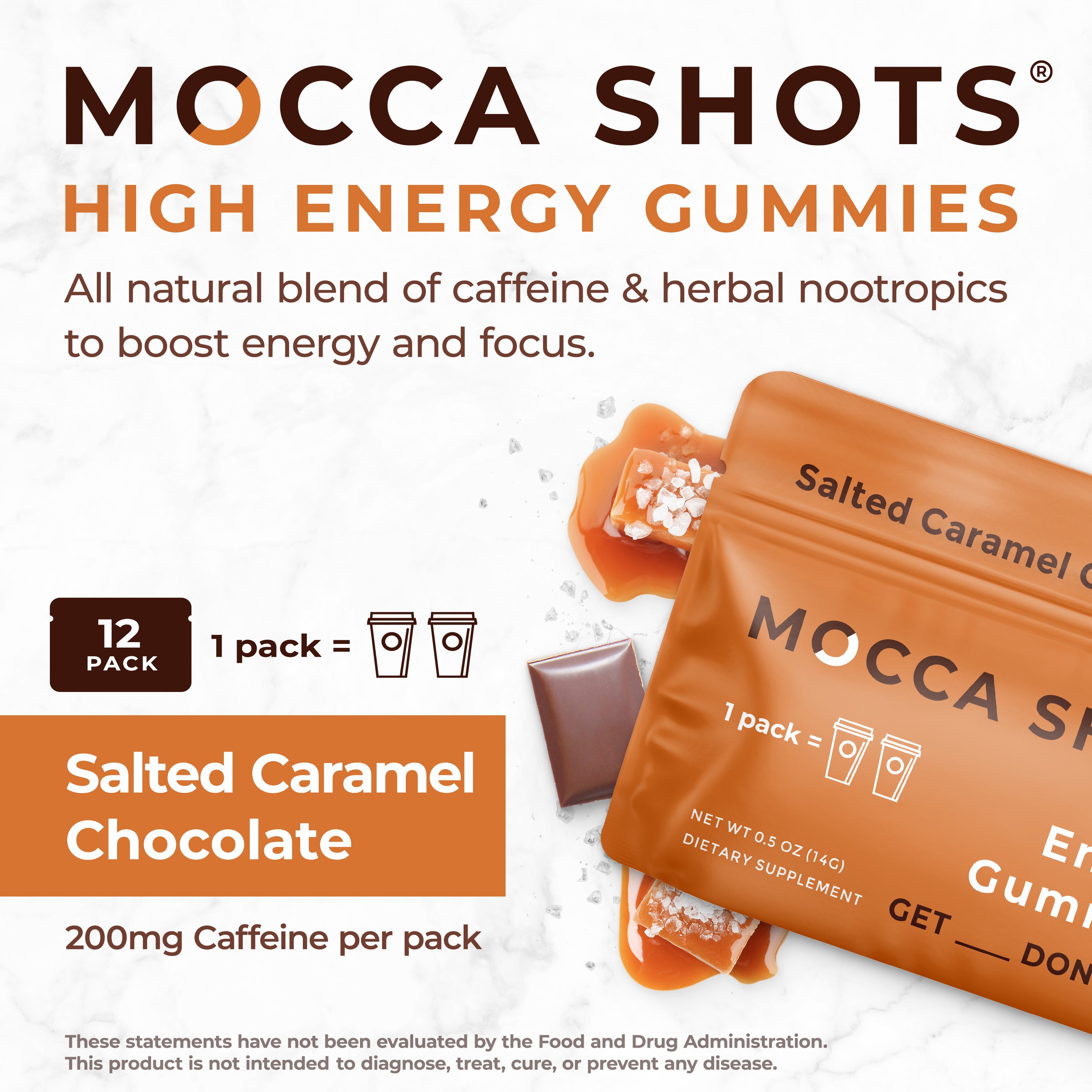 Mocca Shots Energy Gummies – Fast-Acting Caffeine Boost Without the Jitters - Salted Caramel 12 Packs