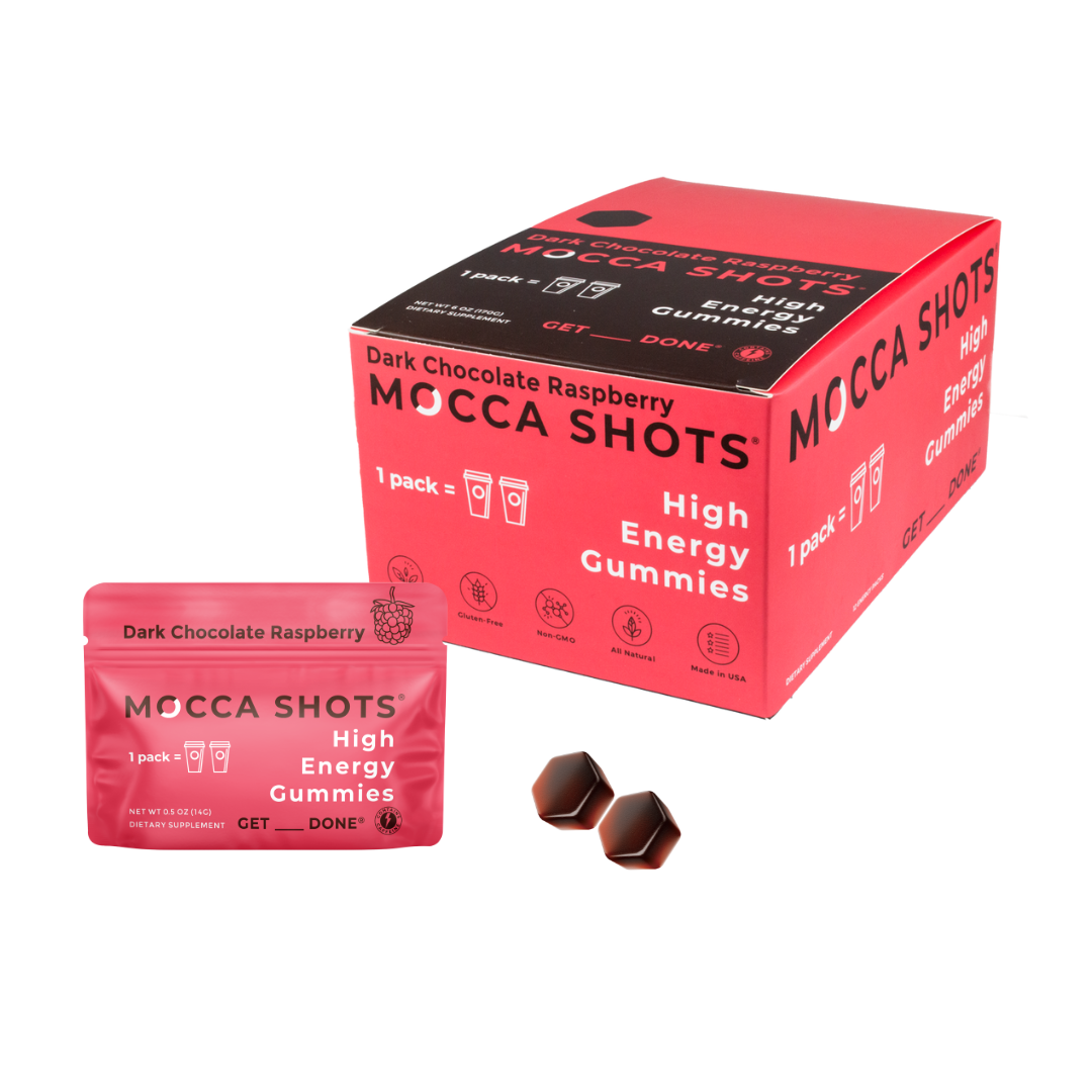 Mocca Shots Energy Gummies – Fast-Acting Caffeine Boost Without the Jitters - Dark Chocolate Raspberry - 12 Packs