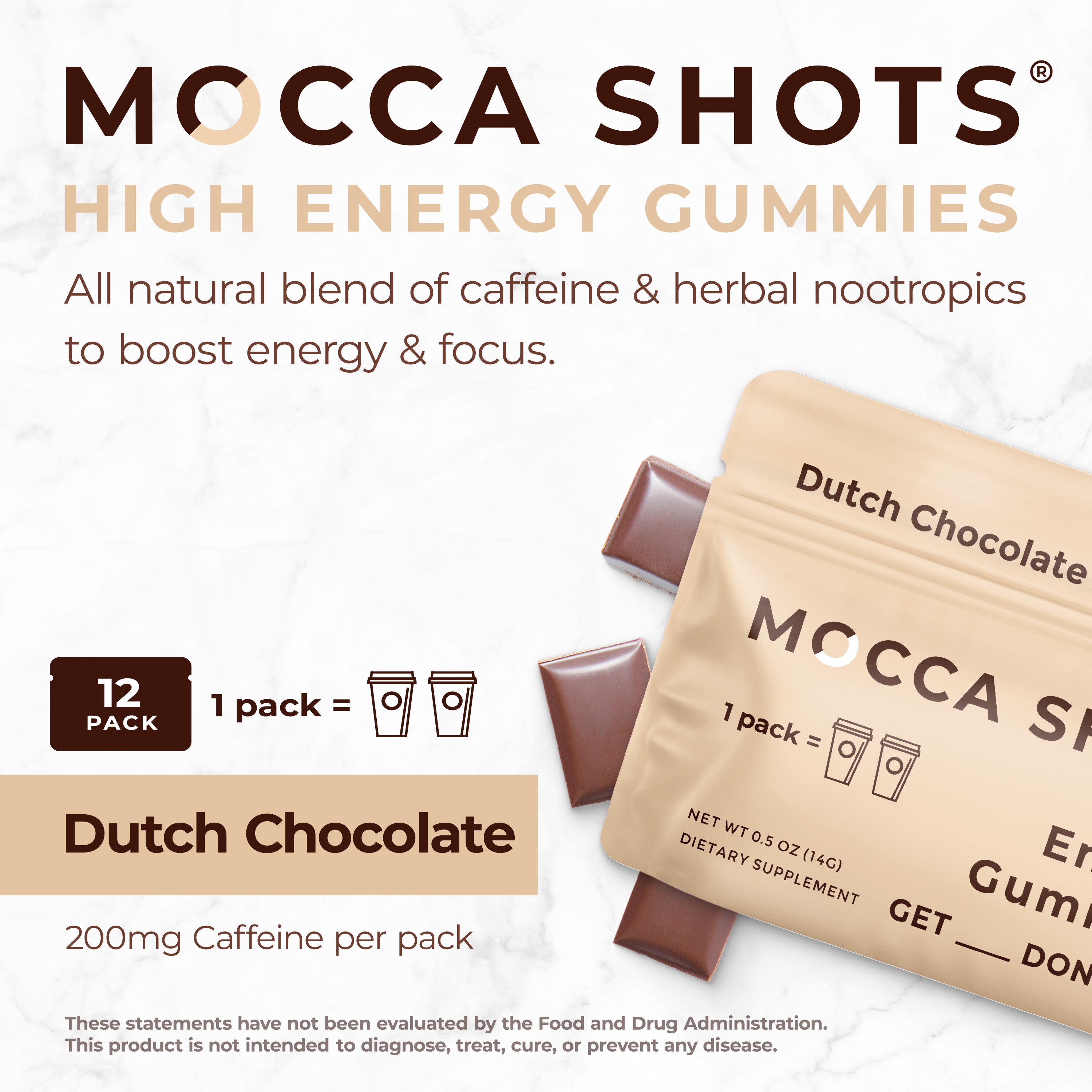 Mocca Shots Energy Gummies – Fast-Acting Caffeine Boost Without the Jitters - Dutch Chocolate 12 Packs
