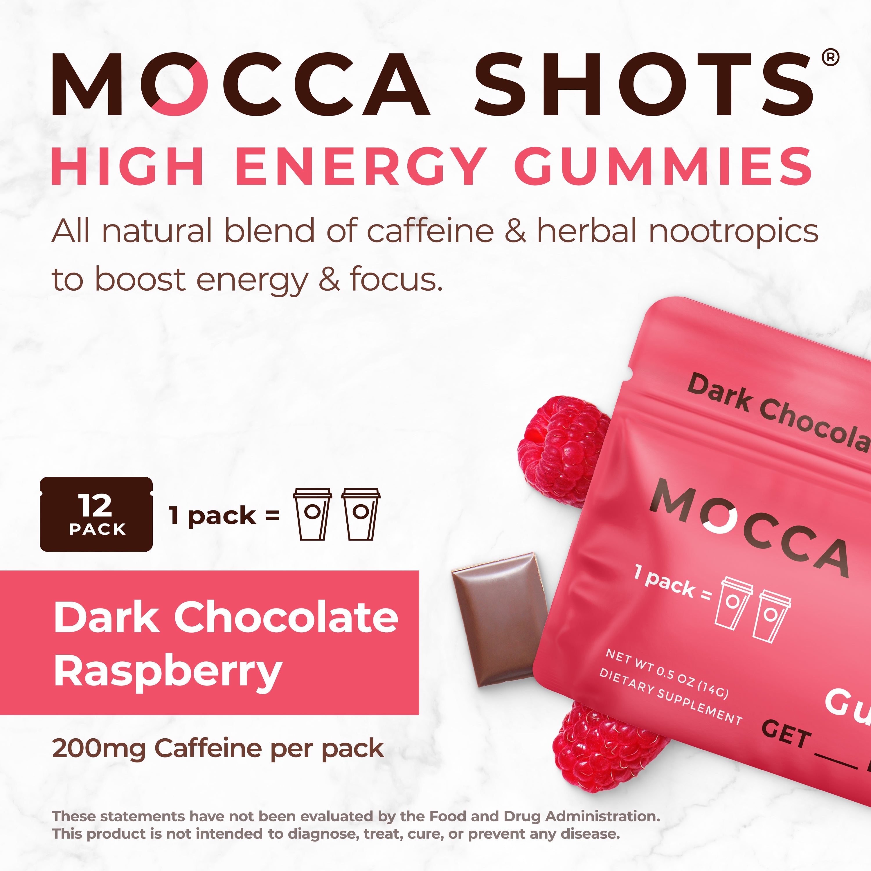 Mocca Shots Energy Gummies – Fast-Acting Caffeine Boost Without the Jitters - Dark Chocolate Raspberry - 12 Packs