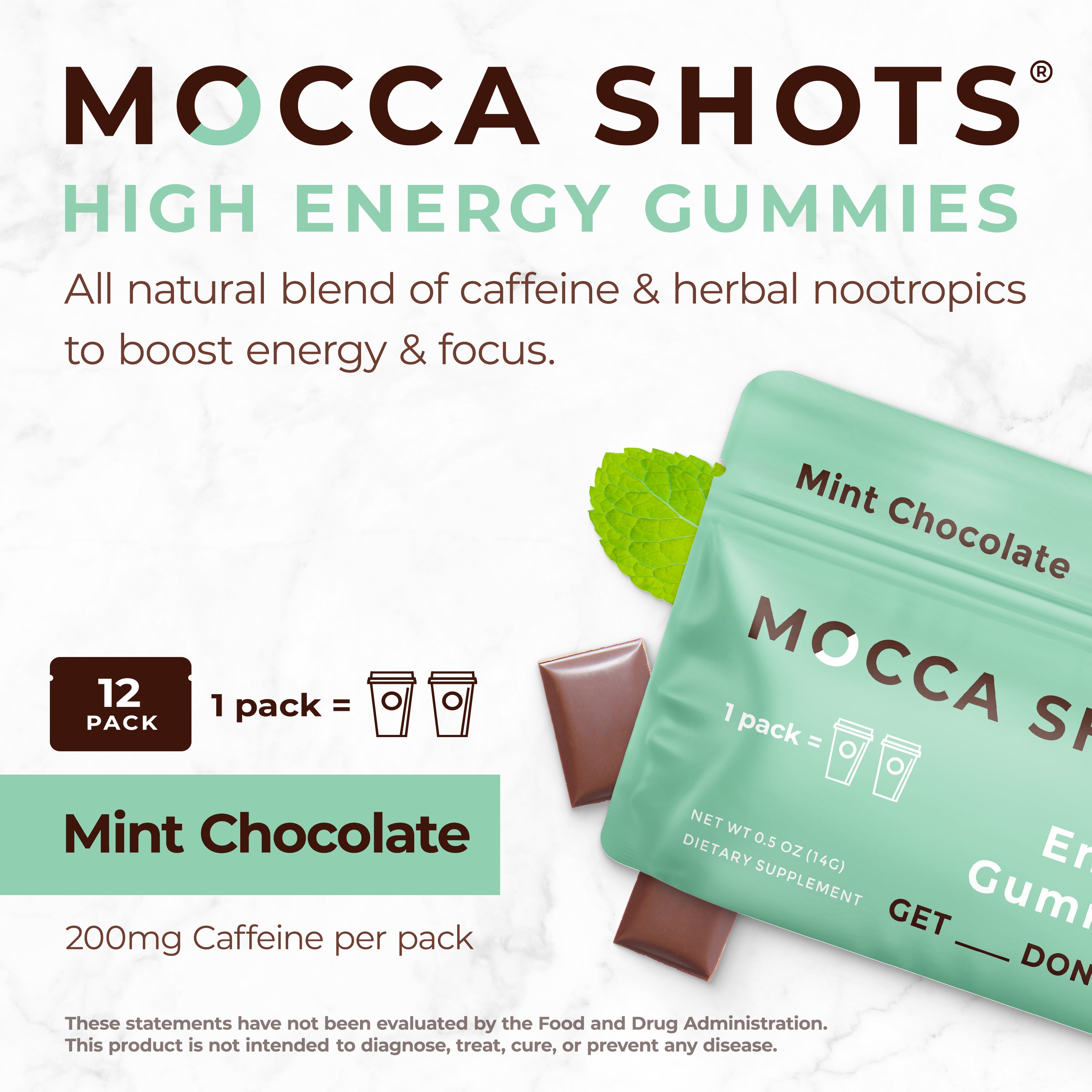 Mocca Shots Energy Gummies – Fast-Acting Caffeine Boost Without the Jitters - Mint Chocolate 12-Pack