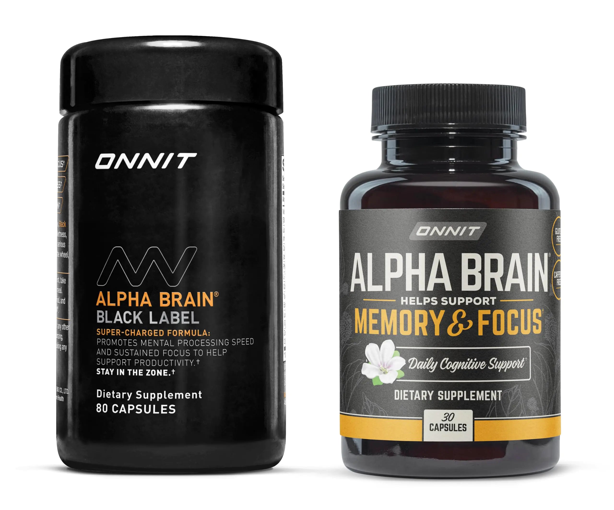 ONNIT Premium Alpha Brain Bundle - Nootropic Brain Supplement (30 Count) + Black Label Citicoline Brain Supplement (80 Count) - Promotes Focus Concentration & Memory