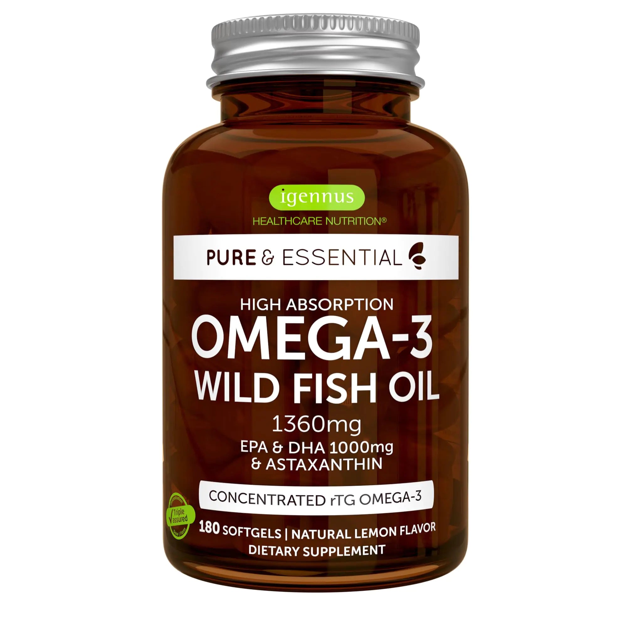 Advanced Omega-3 Fish Oil (rTG) with EPA, DHA & Astaxanthin – 1000mg Ultra-Pure Triglyceride Form – 180 Softgels | Igennus