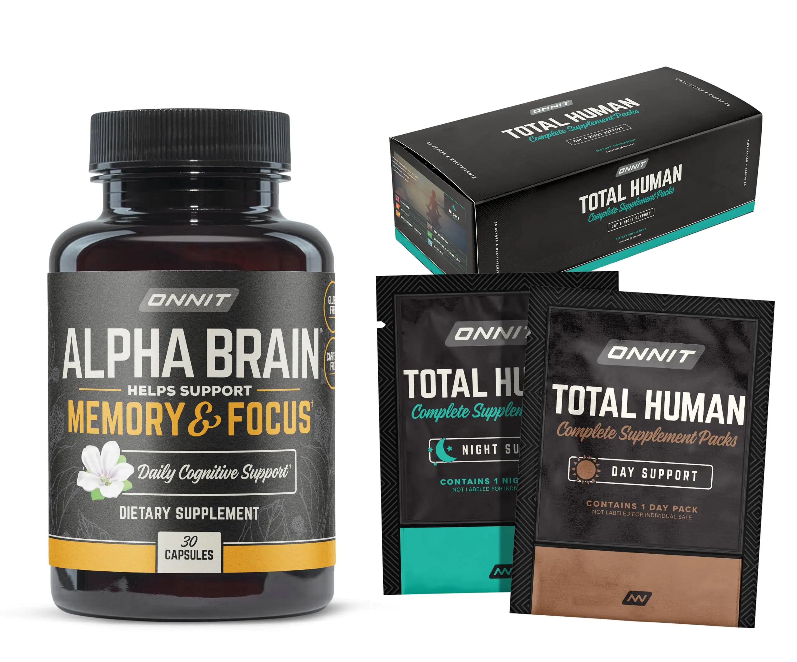 ONNIT Alpha Brain + Total Human Bundle – Nootropic Brain Supplement & Complete Day/Night Vitamin Packs – Focus, Memory, Energy & Wellness Support – 30-Day Supply