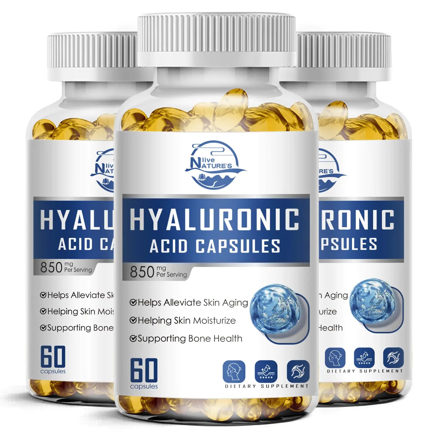 Hyaluronic Acid Capsules 850mg – High Bioavailability Supplement for Skin Hydration & Joint Support (3-Pack, 60ct Each)