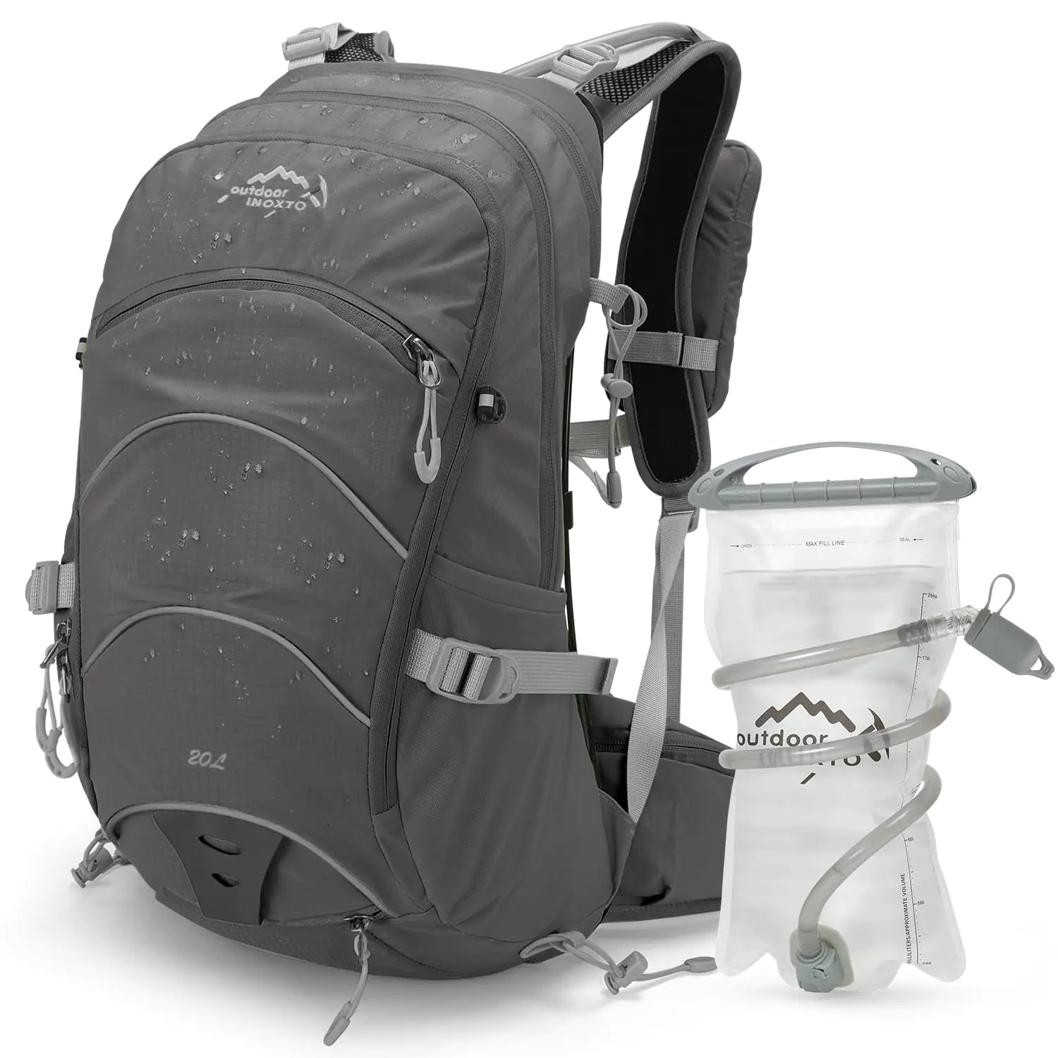 INOXTO 20 L Hydration Backpack with Internal Frame – 2 L Water Bladder, Rain Cover & Multiple Pockets for Hiking, Cycling, Camping, Hunting & Skiing (Grey)