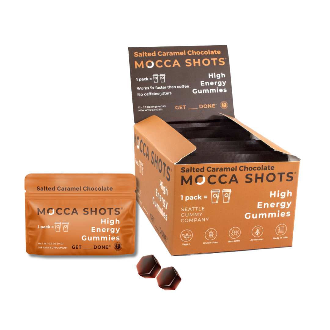 Mocca Shots Energy Gummies – Fast-Acting Caffeine Boost Without the Jitters - Salted Caramel 12 Packs