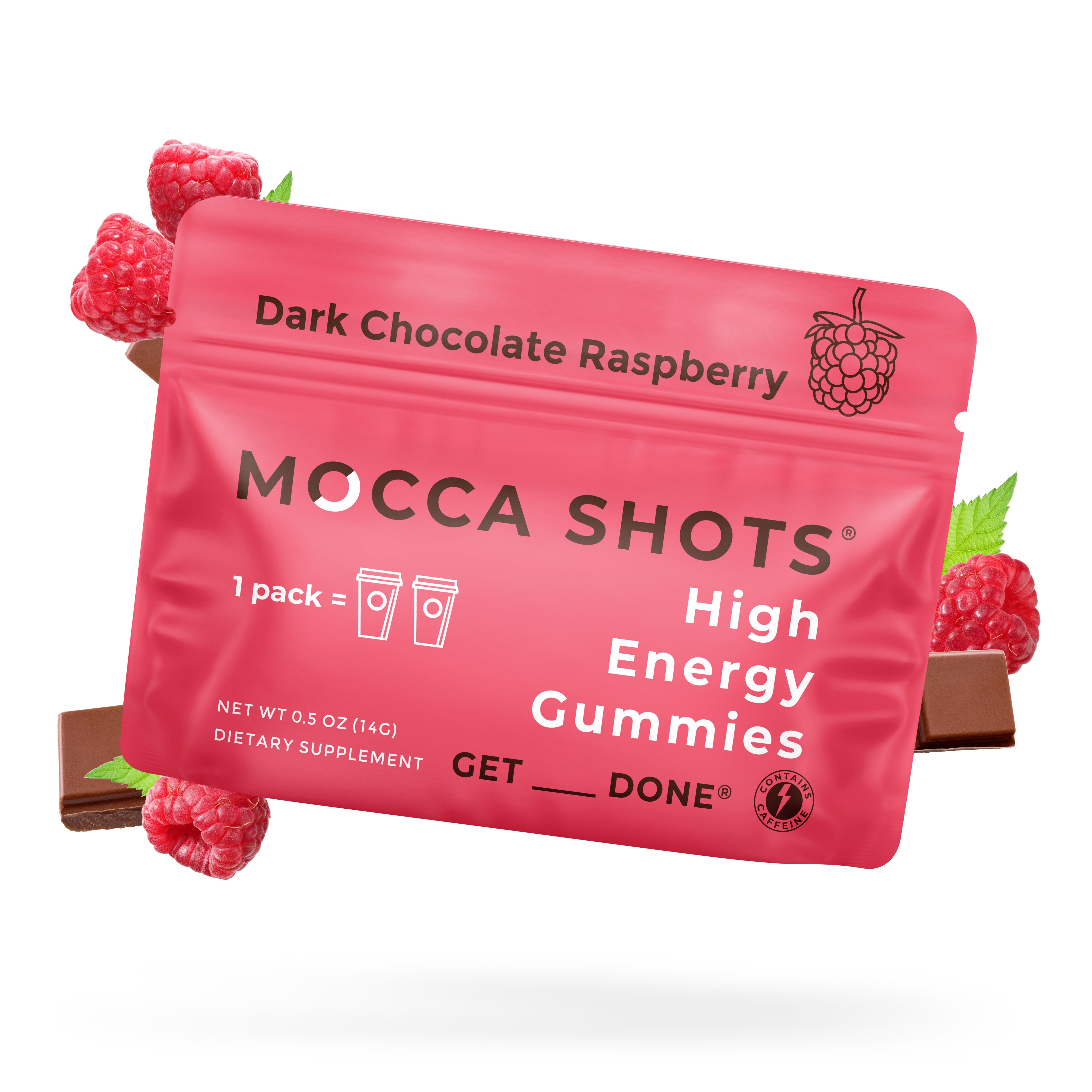 Mocca Shots Energy Gummies – Fast-Acting Caffeine Boost Without the Jitters - Dark Chocolate Raspberry - 12 Packs