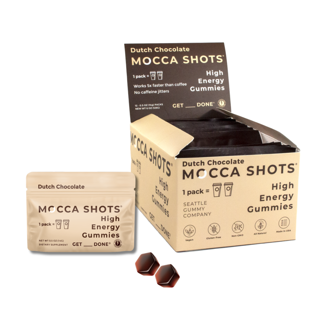 Mocca Shots Energy Gummies – Fast-Acting Caffeine Boost Without the Jitters - Dutch Chocolate 12 Packs