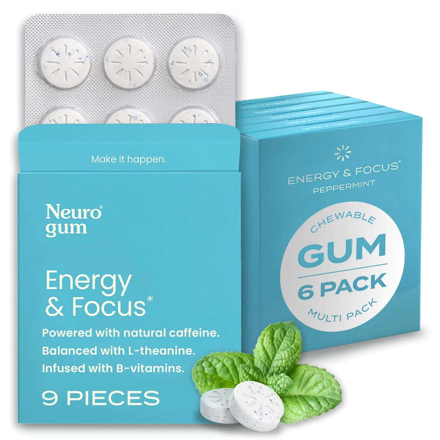 NeuroGum Energy & Focus – Sugar-Free Caffeine Gum with L-Theanine, Vitamin B12 & B6 (Peppermint, 54 Pieces)